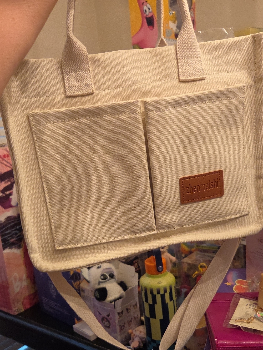 Canvas Tote Bag with Front Pockets - Cream
